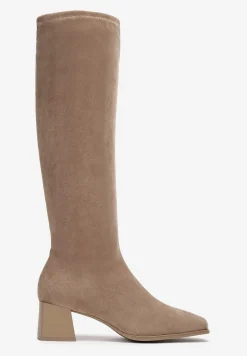 Ciemnobeżowe Kozaki na Słupku z Imitacji Zamszu Haziela