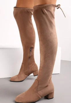 Ciemnobeżowe Kozaki na Słupku za Kolano z Wiązaniem Capalisa
