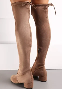 Ciemnobeżowe Kozaki na Słupku za Kolano z Wiązaniem Capalisa