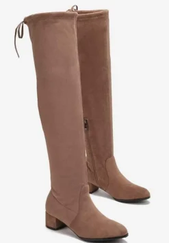 Ciemnobeżowe Kozaki na Słupku za Kolano z Wiązaniem Capalisa