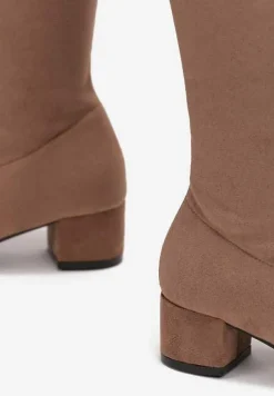 Ciemnobeżowe Kozaki na Słupku za Kolano z Wiązaniem Capalisa