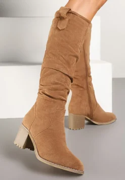 Ciemnobeżowe Kozaki przed Kolano na Słupku Cersinda