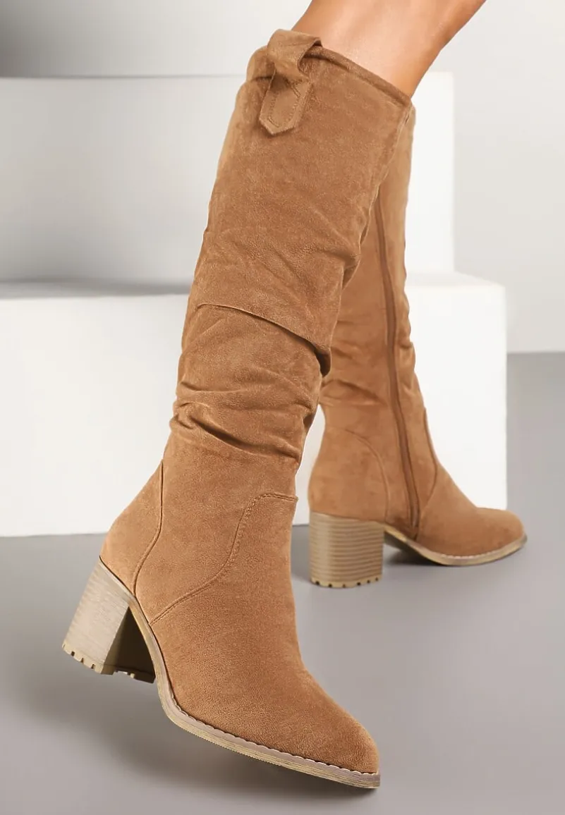 Ciemnobeżowe Kozaki przed Kolano na Słupku Cersinda