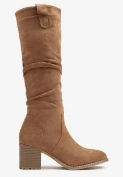 Ciemnobeżowe Kozaki przed Kolano na Słupku Cersinda