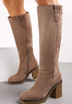 Ciemnobeżowe Kozaki przed Kolano na Słupku Dorepina