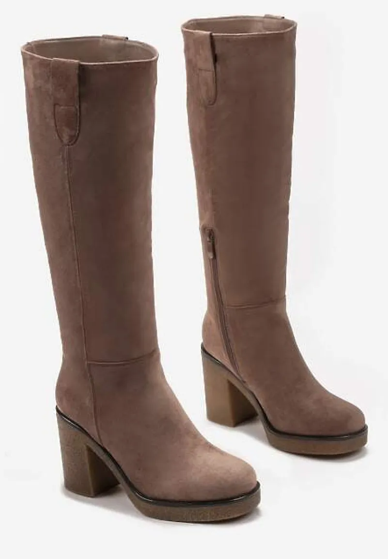 Ciemnobeżowe Kozaki przed Kolano na Słupku Dorepina