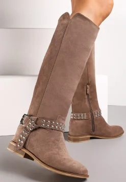 Ciemnobeżowe Kozaki przed Kolano na Ukrytej Koturnie z Biżuteryjnym Paskiem Nitorol