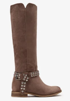 Ciemnobeżowe Kozaki przed Kolano na Ukrytej Koturnie z Biżuteryjnym Paskiem Nitorol