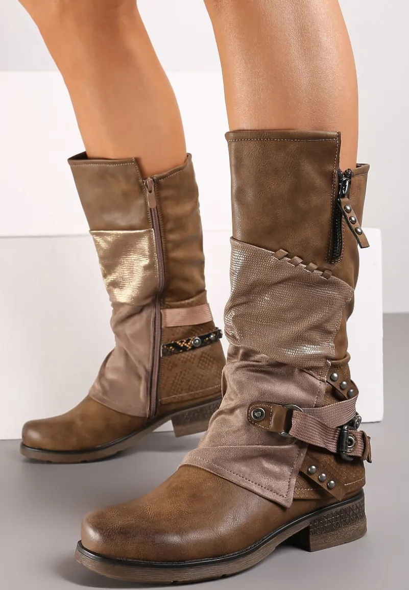 Ciemnobeżowe Kozaki przed Kolano z Metalicznymi Wstawkami Virgin