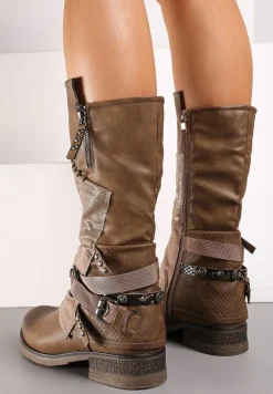 Ciemnobeżowe Kozaki przed Kolano z Metalicznymi Wstawkami Virgin