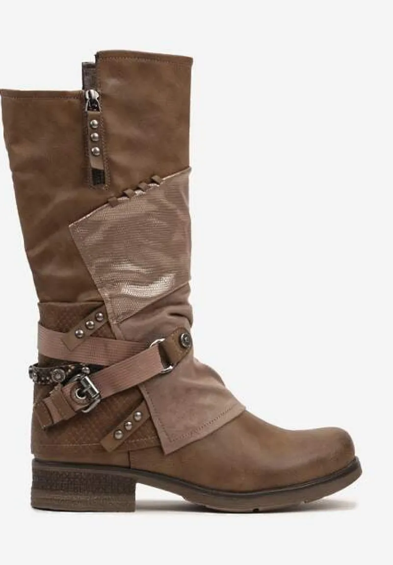 Ciemnobeżowe Kozaki przed Kolano z Metalicznymi Wstawkami Virgin