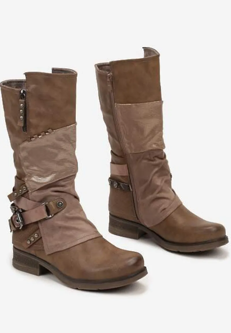 Ciemnobeżowe Kozaki przed Kolano z Metalicznymi Wstawkami Virgin