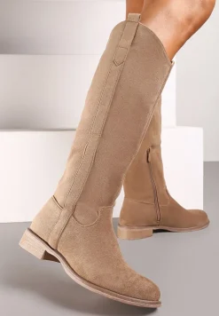 Ciemnobeżowe Kozaki Typu Kowbojki z Płaską Podeszwą Taivelle