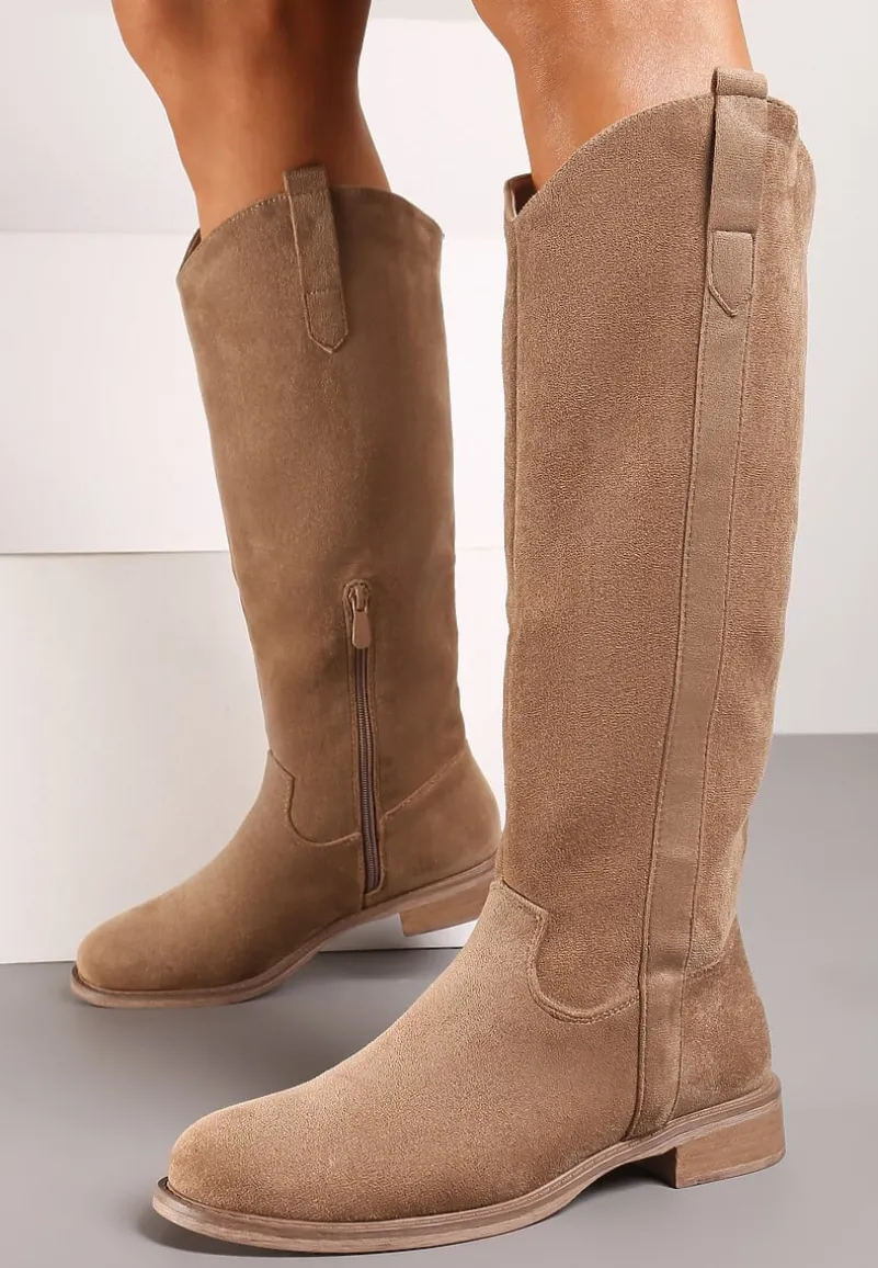 Ciemnobeżowe Kozaki Typu Kowbojki z Płaską Podeszwą Taivelle