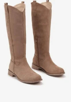 Ciemnobeżowe Kozaki Typu Kowbojki z Płaską Podeszwą Taivelle