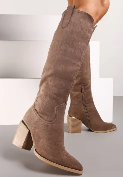 Ciemnobeżowe Kozaki Vices na Słupku Ozdobione Metaliczną Wstawką Moriane