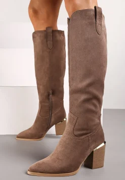 Ciemnobeżowe Kozaki Vices na Słupku Ozdobione Metaliczną Wstawką Moriane