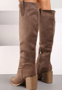 Ciemnobeżowe Kozaki Vices na Słupku Ozdobione Metaliczną Wstawką Moriane