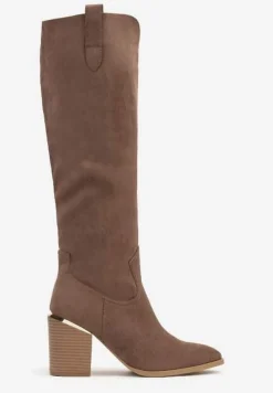 Ciemnobeżowe Kozaki Vices na Słupku Ozdobione Metaliczną Wstawką Moriane