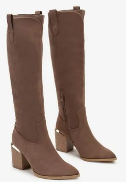 Ciemnobeżowe Kozaki Vices na Słupku Ozdobione Metaliczną Wstawką Moriane