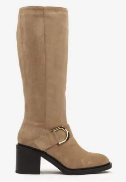 Ciemnobeżowe Kozaki Vices na Słupku z Ozdobną Klamrą i Ociepleniem Moriti