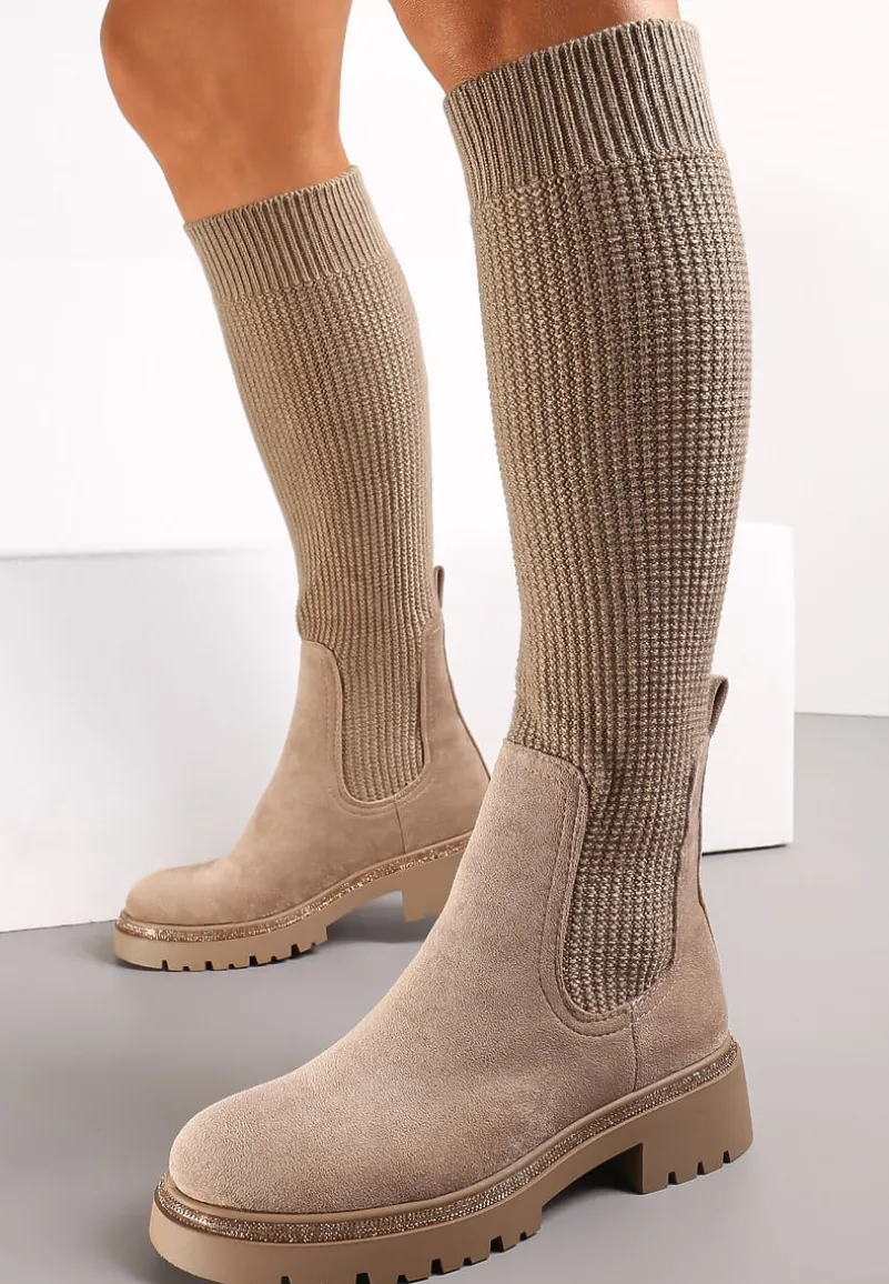 Ciemnobeżowe Kozaki w Cyrkonie z Elastyczną Cholewką przed Kolano Jeanlli