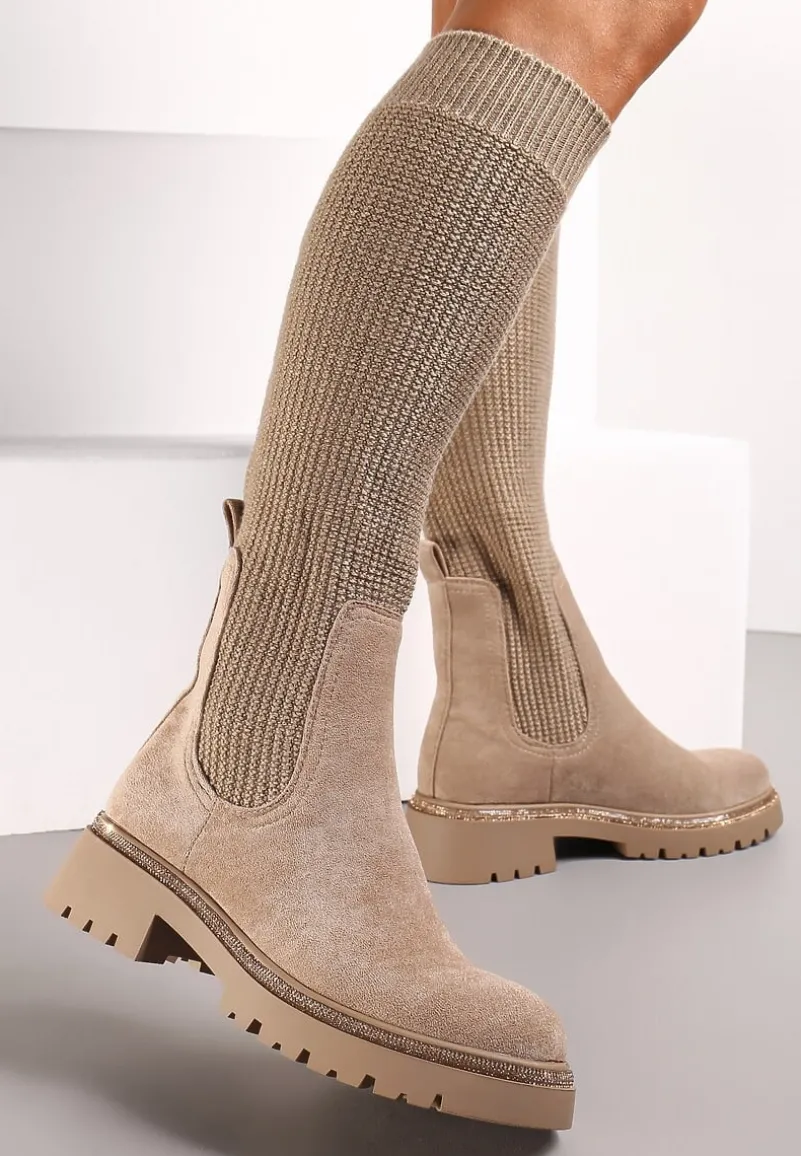 Ciemnobeżowe Kozaki w Cyrkonie z Elastyczną Cholewką przed Kolano Jeanlli