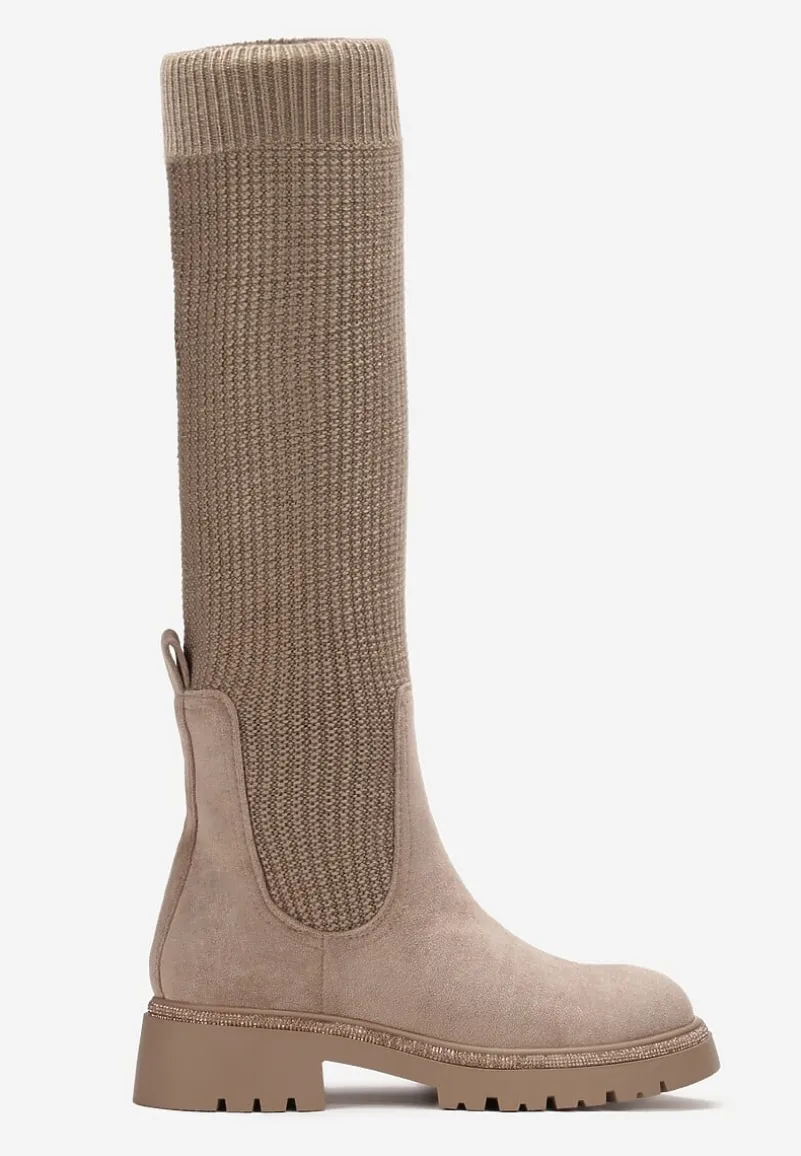 Ciemnobeżowe Kozaki w Cyrkonie z Elastyczną Cholewką przed Kolano Jeanlli