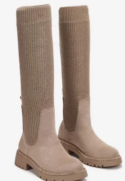 Ciemnobeżowe Kozaki w Cyrkonie z Elastyczną Cholewką przed Kolano Jeanlli