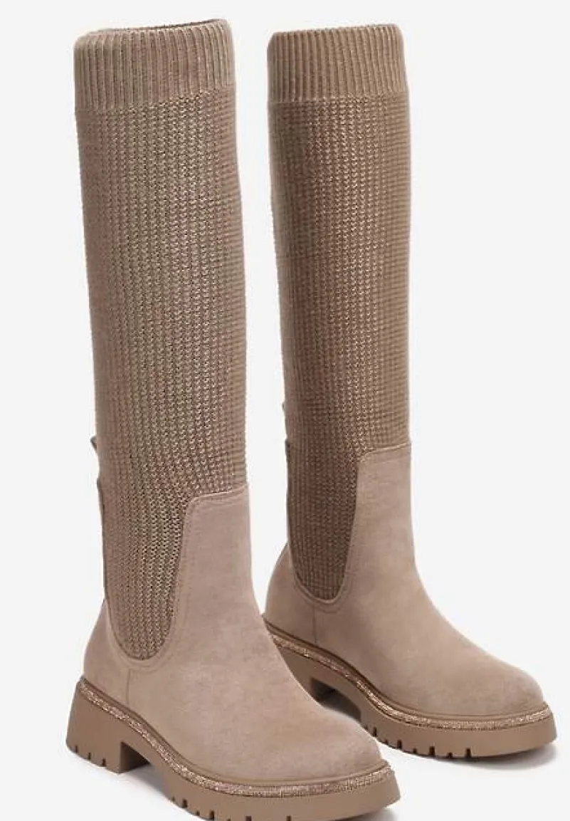 Ciemnobeżowe Kozaki w Cyrkonie z Elastyczną Cholewką przed Kolano Jeanlli