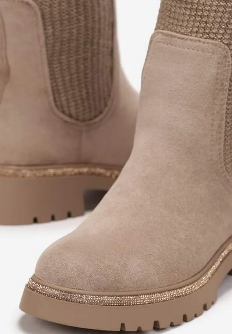 Ciemnobeżowe Kozaki w Cyrkonie z Elastyczną Cholewką przed Kolano Jeanlli