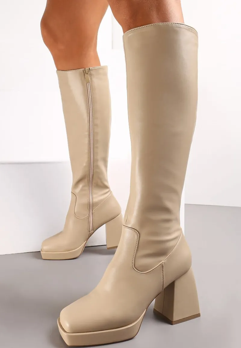 Ciemnobeżowe Kozaki z Cholewką przed Kolano na Platformie i Stożkowym Obcasie Moreli