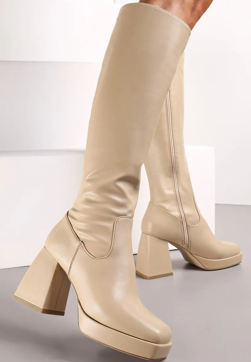 Ciemnobeżowe Kozaki z Cholewką przed Kolano na Platformie i Stożkowym Obcasie Moreli