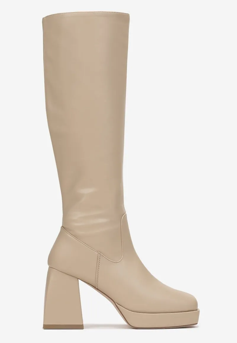 Ciemnobeżowe Kozaki z Cholewką przed Kolano na Platformie i Stożkowym Obcasie Moreli