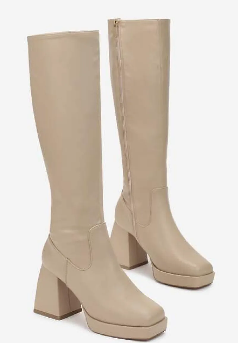 Ciemnobeżowe Kozaki z Cholewką przed Kolano na Platformie i Stożkowym Obcasie Moreli