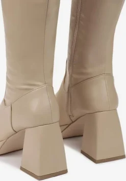 Ciemnobeżowe Kozaki z Cholewką przed Kolano na Platformie i Stożkowym Obcasie Moreli