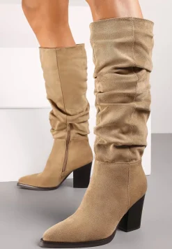 Ciemnobeżowe Kozaki z Ekozamszu na Obcasie Typu Słupek z Marszczeniem przy Cholewce Railaria