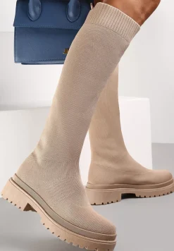 Ciemnobeżowe Kozaki z Elastyczną Cholewką Enareo