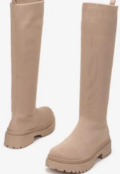 Ciemnobeżowe Kozaki z Elastyczną Cholewką Enareo