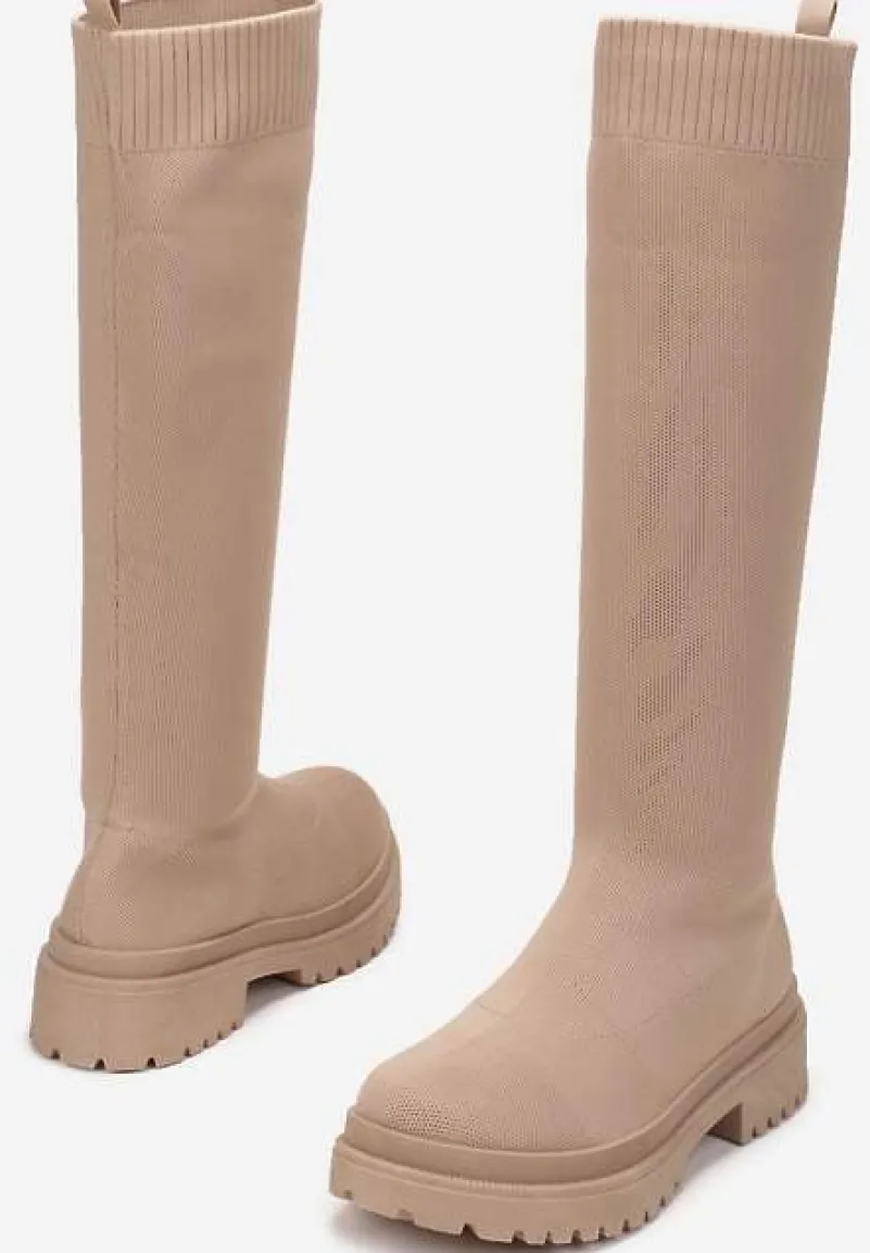 Ciemnobeżowe Kozaki z Elastyczną Cholewką Enareo