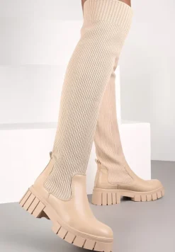 Ciemnobeżowe Kozaki z Elastyczną Cholewką Brygoros