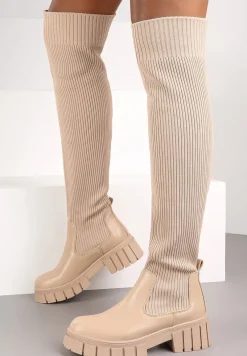 Ciemnobeżowe Kozaki z Elastyczną Cholewką Brygoros