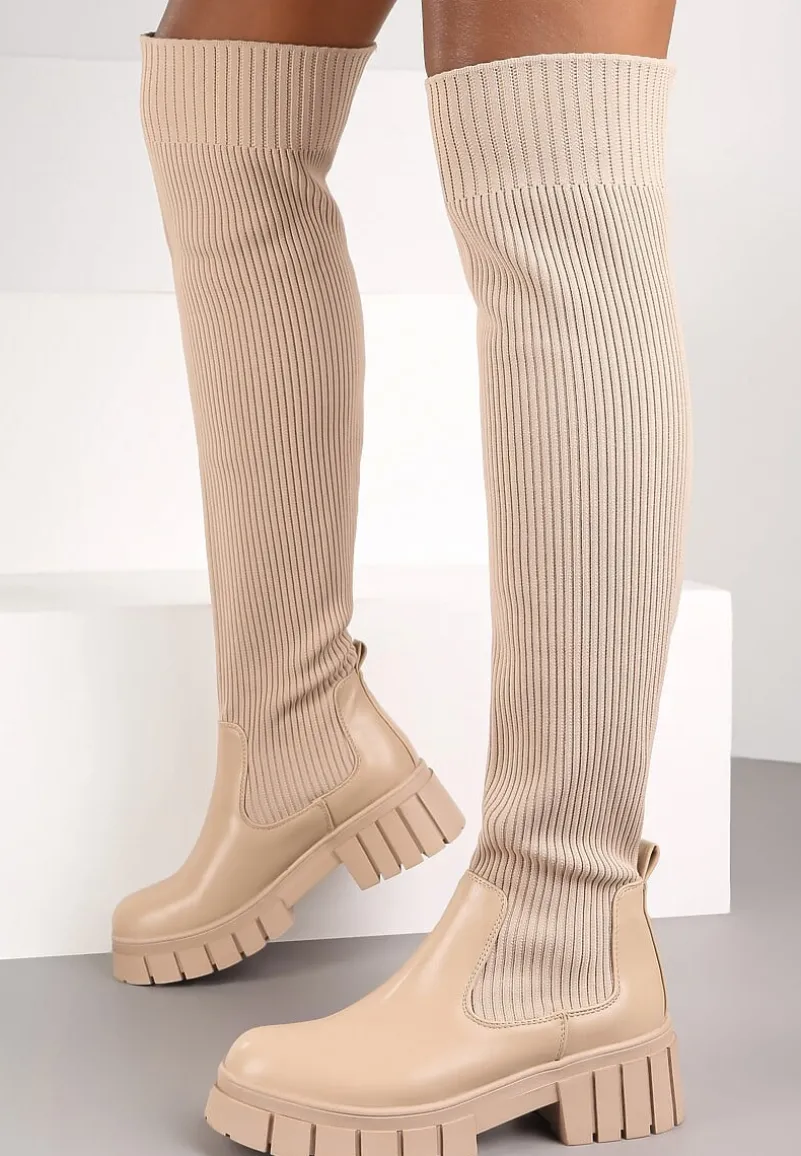 Ciemnobeżowe Kozaki z Elastyczną Cholewką Brygoros