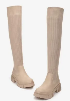 Ciemnobeżowe Kozaki z Elastyczną Cholewką Brygoros