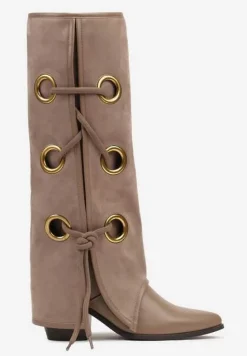 Ciemnobeżowe Kozaki z Wywiniętą Cholewką z Oczkami Kaletniczymi i Wiązaniem Nariassa