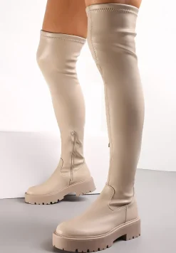 Ciemnobeżowe Kozaki za Kolano na Platformie Luttersa