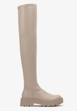 Ciemnobeżowe Kozaki za Kolano na Platformie Luttersa