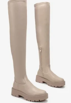 Ciemnobeżowe Kozaki za Kolano na Platformie Luttersa