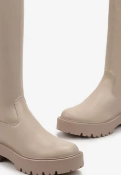 Ciemnobeżowe Kozaki za Kolano na Platformie Luttersa