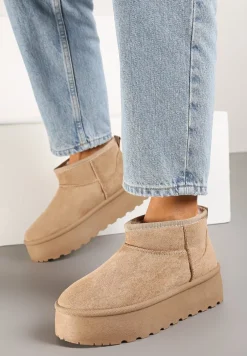 Ciemnobeżowe Krótkie Śniegowce na Grubej Podeszwie Jellert